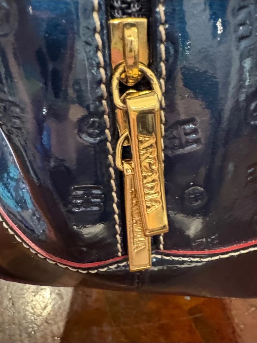 Arcadia Patent Dome Satchel in Navy with Red Trim